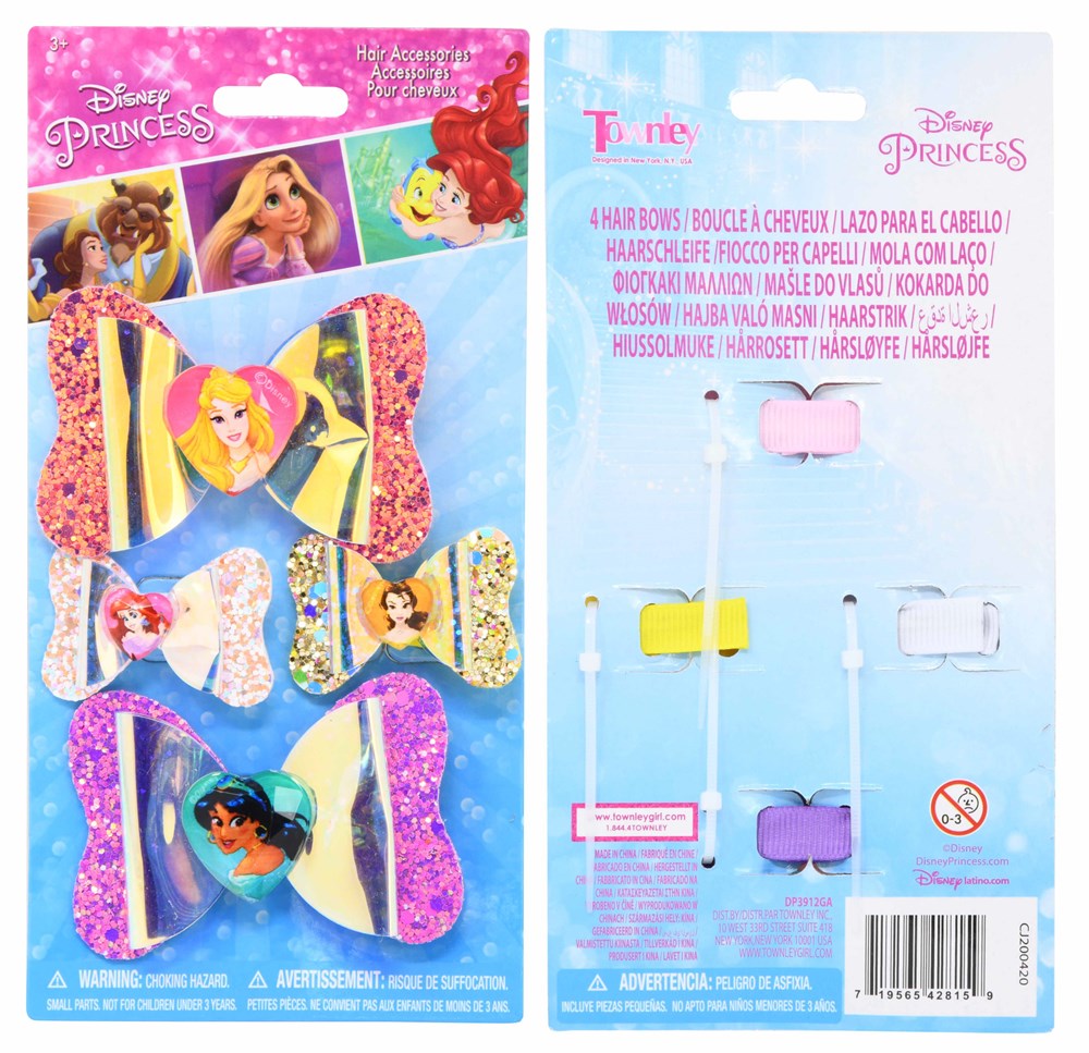 Set of four glittery hair bows in pink, peach, yellow, and purple with Disney princess-themed designs on card backing.