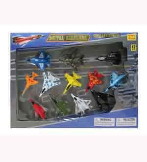 Set of 12 colorful die-cast air jet toy planes in various designs and colors in clear package.