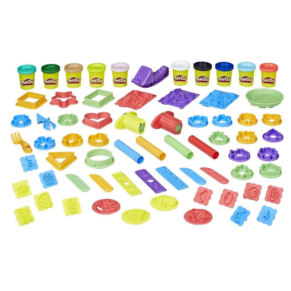 Colorful Play Doh party crate with various molds, cutters, rollers, and 10 cans of modeling clay.