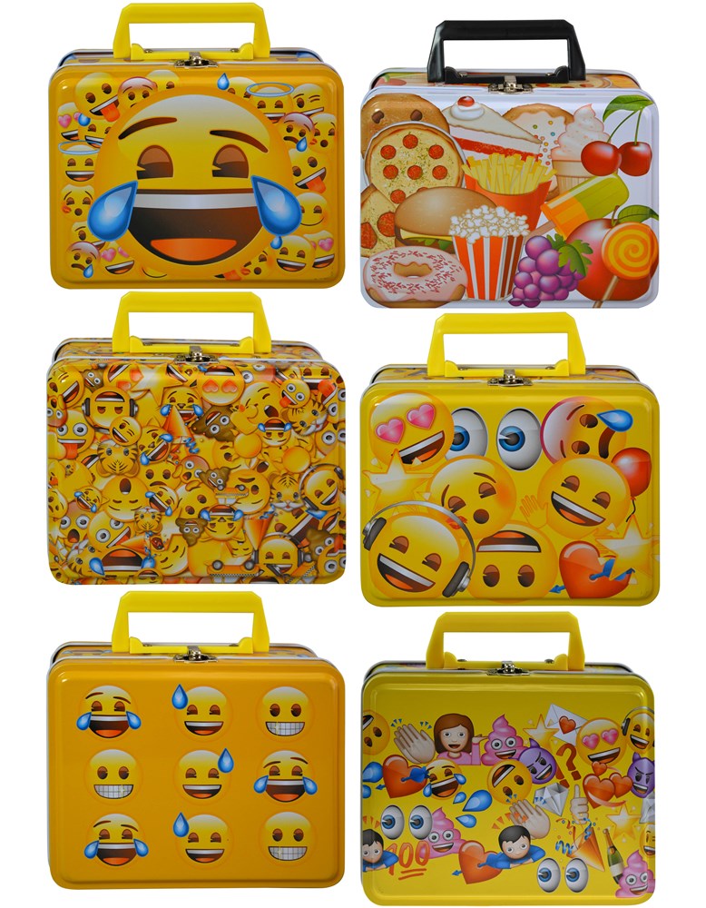 Six colorful rectangular emoji-themed metal lunch tins with yellow or black handles, featuring various smiling and laughing.