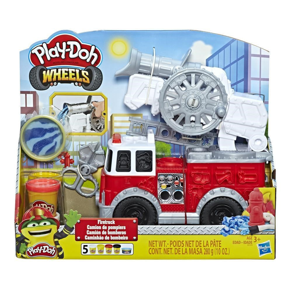 Red and white Play-Doh firetruck toy with detachable grey ladder and wheels in colorful packaging.