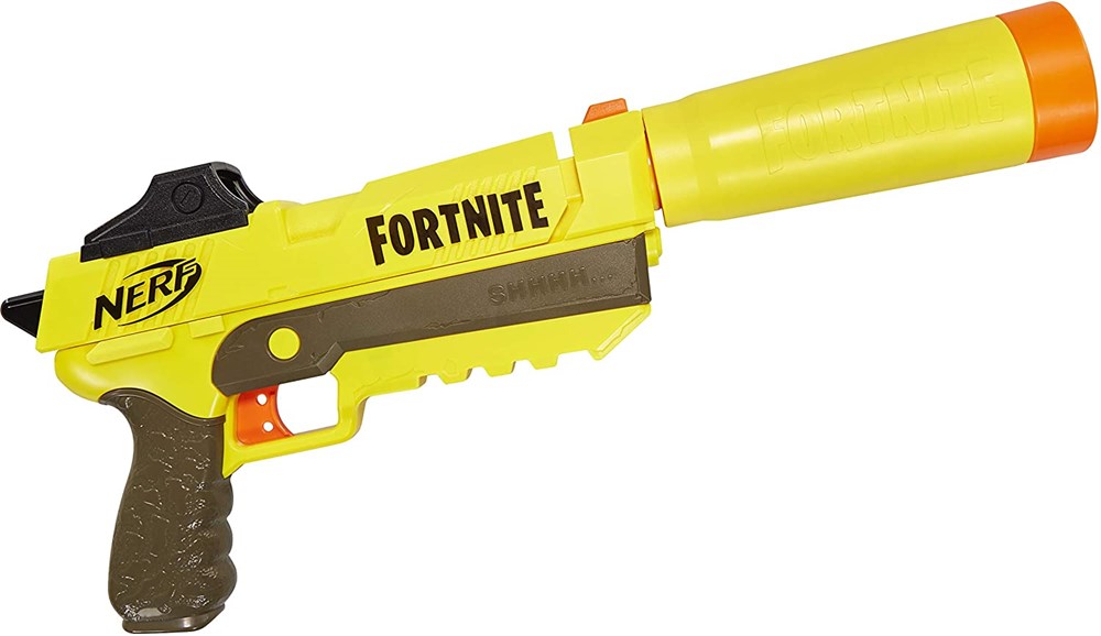 Yellow and brown Nerf Fortnite SP L Blaster with orange tip and black sight attachment.