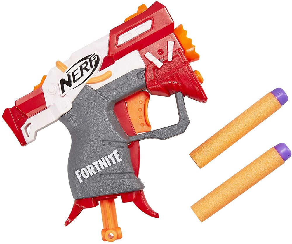 Compact Nerf Micro Shots Fortnite TS blaster in red, white, and gray with orange trigger, includes two foam darts with.