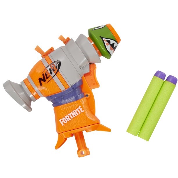 Compact orange and gray Nerf blaster with green Fortnite-themed front and two green foam darts with purple tips.