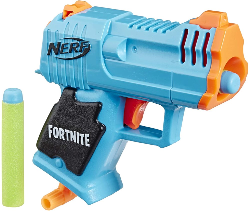Compact blue and orange plastic Nerf toy gun with black Fortnite logo grip and green foam dart.