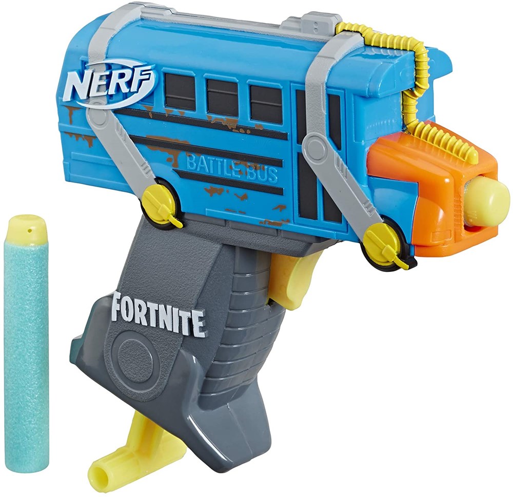 Blue and gray Nerf Fortnite Battle Bus micro blaster with orange front and foam dart.