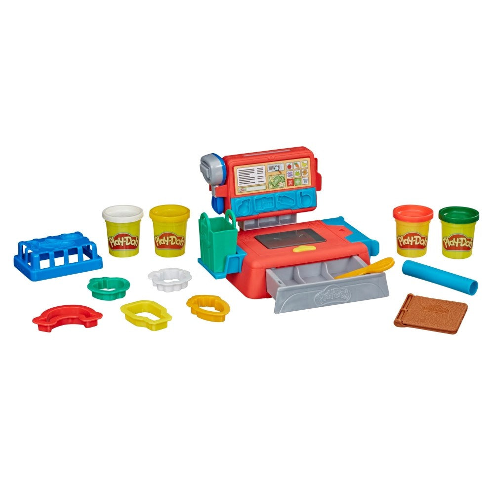 Red and blue toy cash register with play dough containers and colorful accessories for pretend play.