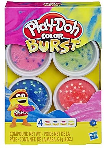 Four colorful Play-Doh tubs in pink, white, blue, and red with speckles, packaged in a yellow box labeled Color Burst.