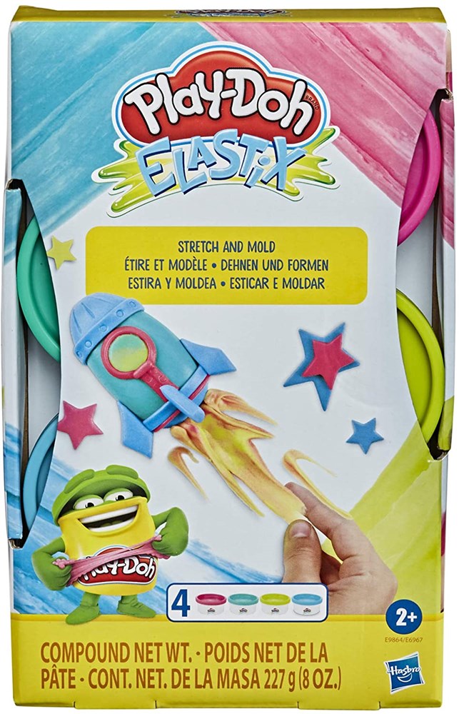 Play-Doh Elastix kit with purple, pink, blue, and green stretchable dough containers and star-shaped molds on colorful.