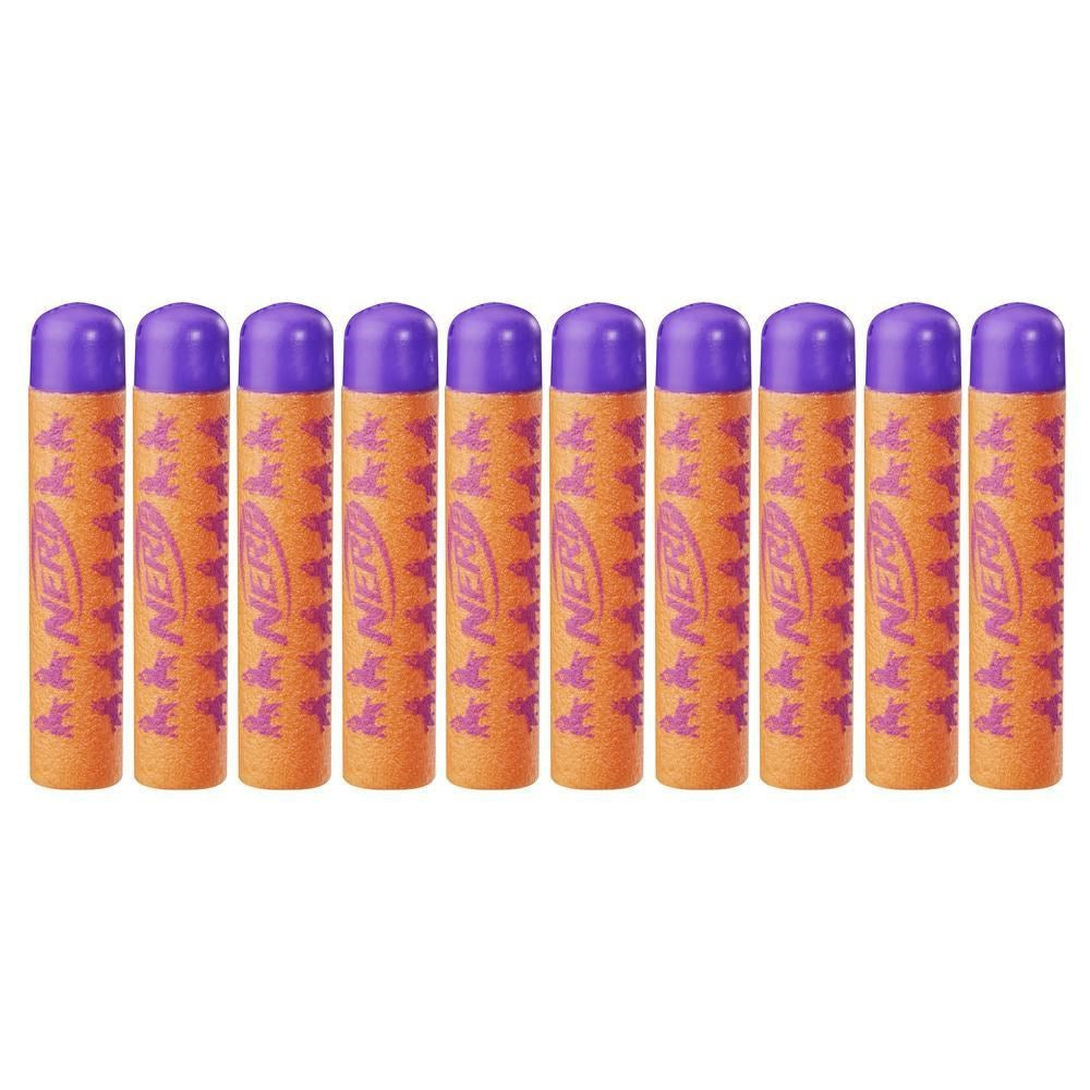 Ten orange foam darts with purple rounded tips, each marked with purple "NERF" and Fortnite graphics.