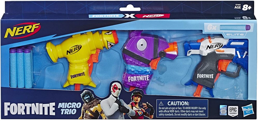 Set of three small Nerf Fortnite blasters in yellow, purple, and white with blue foam darts in a blue display box.