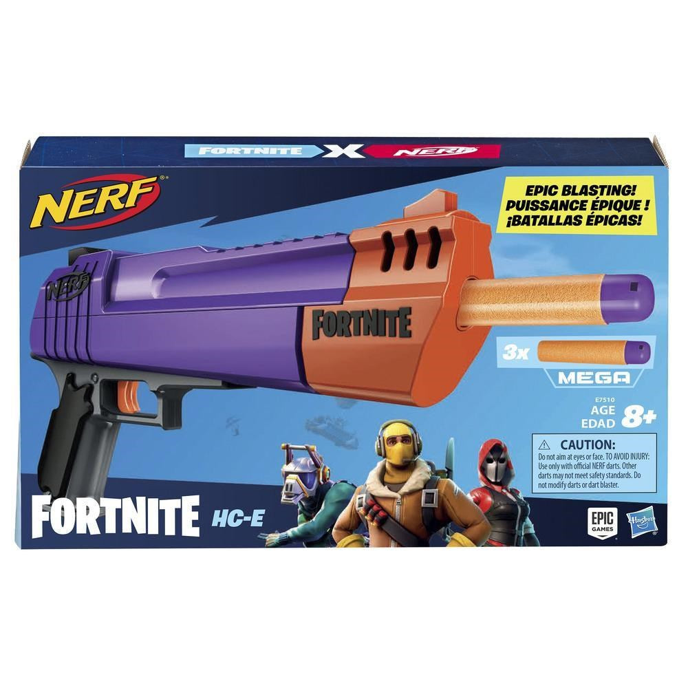 Purple and orange foam dart blaster Nerf Fortnite HC-E with black handle and Mega darts.