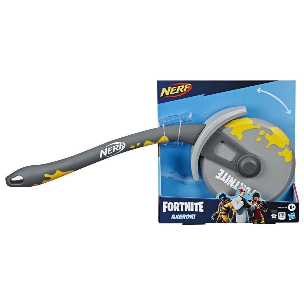 Gray and yellow foam Nerf Fortnite axe with curved blade and black handle on branded blue packaging.