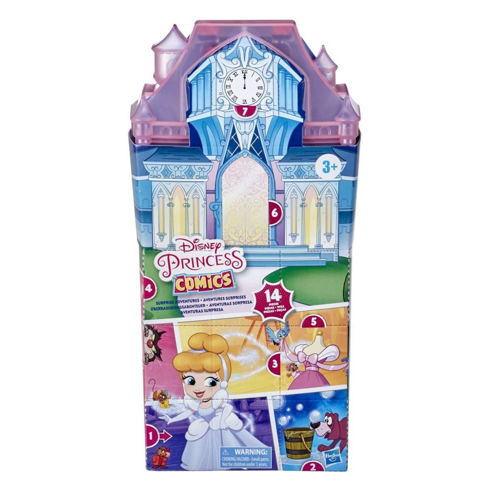 Colorful castle-shaped box with Disney Princess comic book and 14 surprise toys, featuring Cinderella on front.