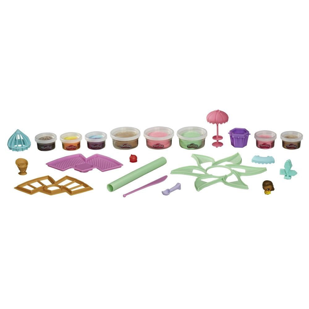 Play-Doh Ice Cream Stand playset with colorful dough pots, pink umbrella, green tools, and molds on white background.