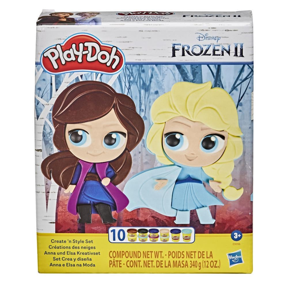 Play-Doh Frozen 2 Create and Style Set with 10 colorful modeling compounds and cartoon Elsa and Anna character illustrations