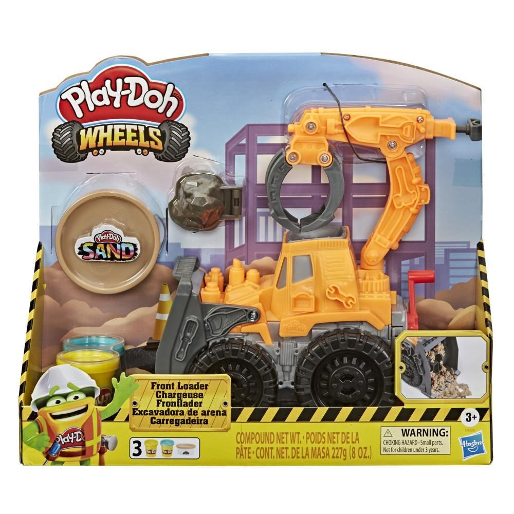 Yellow and black plastic front loader toy with Play-Doh sand container and molding accessories in packaging.