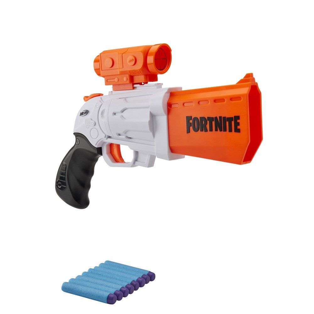 White and orange Nerf Fortnite SR Blaster with black grip and detachable orange scope, includes six blue foam darts with.