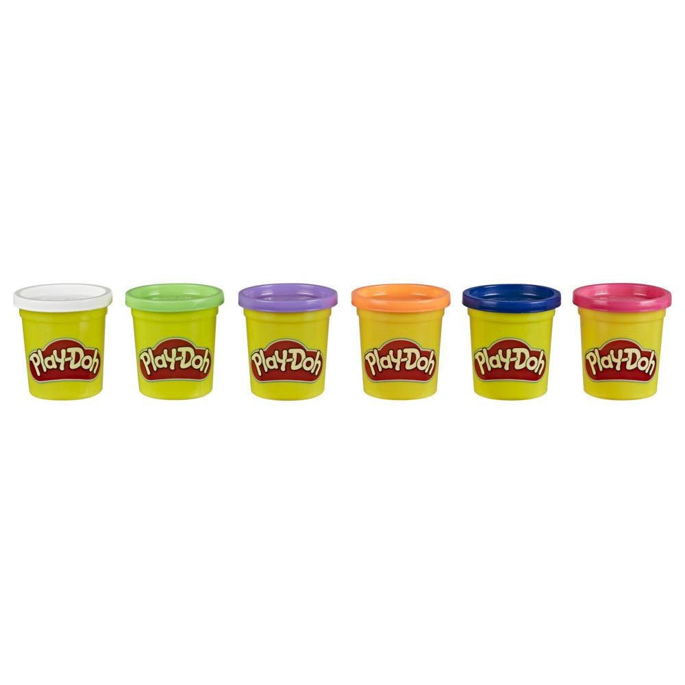 Six small yellow Play-Doh containers with lids in white, green, purple, orange, blue, and red arranged in a row on a white.