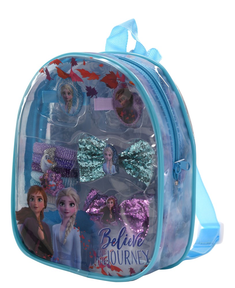 Light blue transparent backpack featuring Frozen 2 characters and glittery hair accessories inside with "Believe Journey".