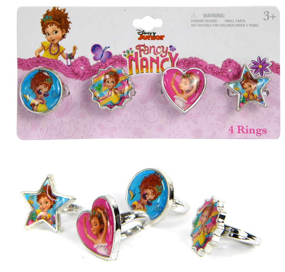 Set of four silver-tone rings featuring colorful Disney Fancy Nancy character images in star, circle, heart, and flower.