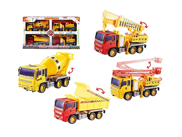 Set of four colorful plastic friction-powered construction trucks including cement mixer, crane, dump truck, and aerial.