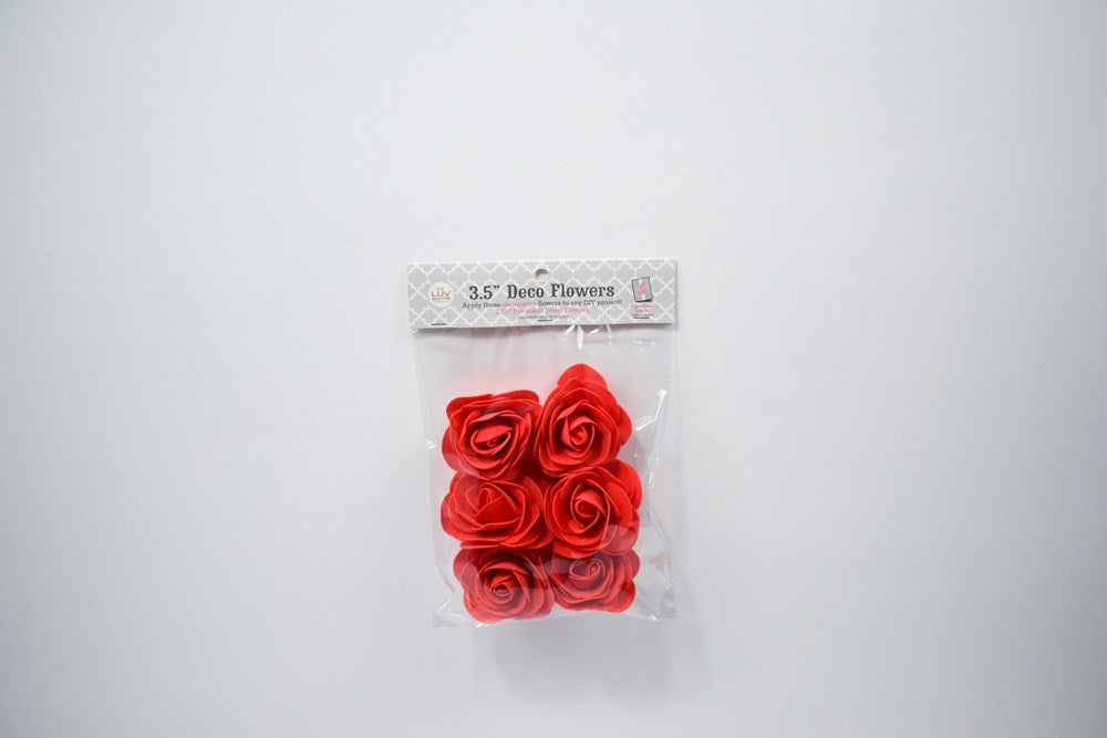 Set of six red 3.5-inch foam flowers shaped like roses with textured petals in clear plastic packaging.