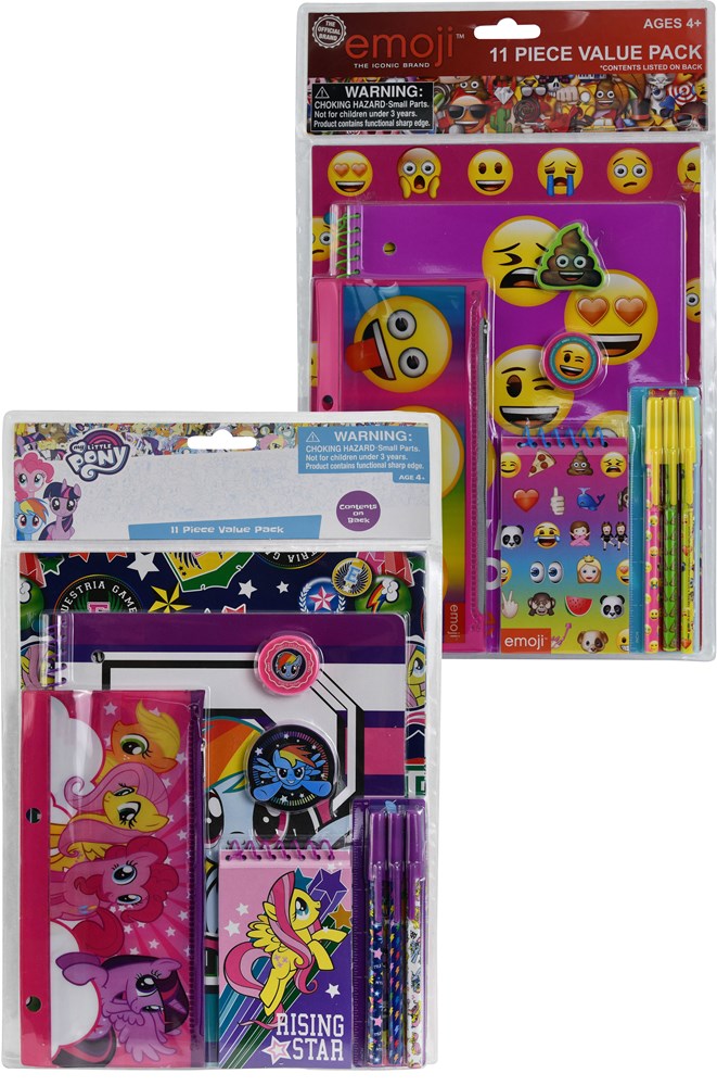 Two colorful stationery sets featuring My Little Pony and emoji themes, including notebooks, pencils, and stickers in pink,.