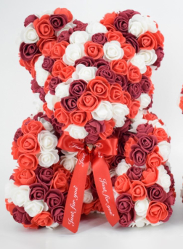 15-inch teddy bear made of red, white, and dark red foam roses with a red ribbon bow around its neck.