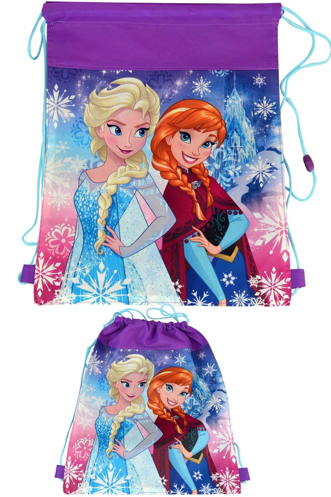 Purple and blue drawstring sling bag with Anna and Elsa from Disney Frozen printed on front.