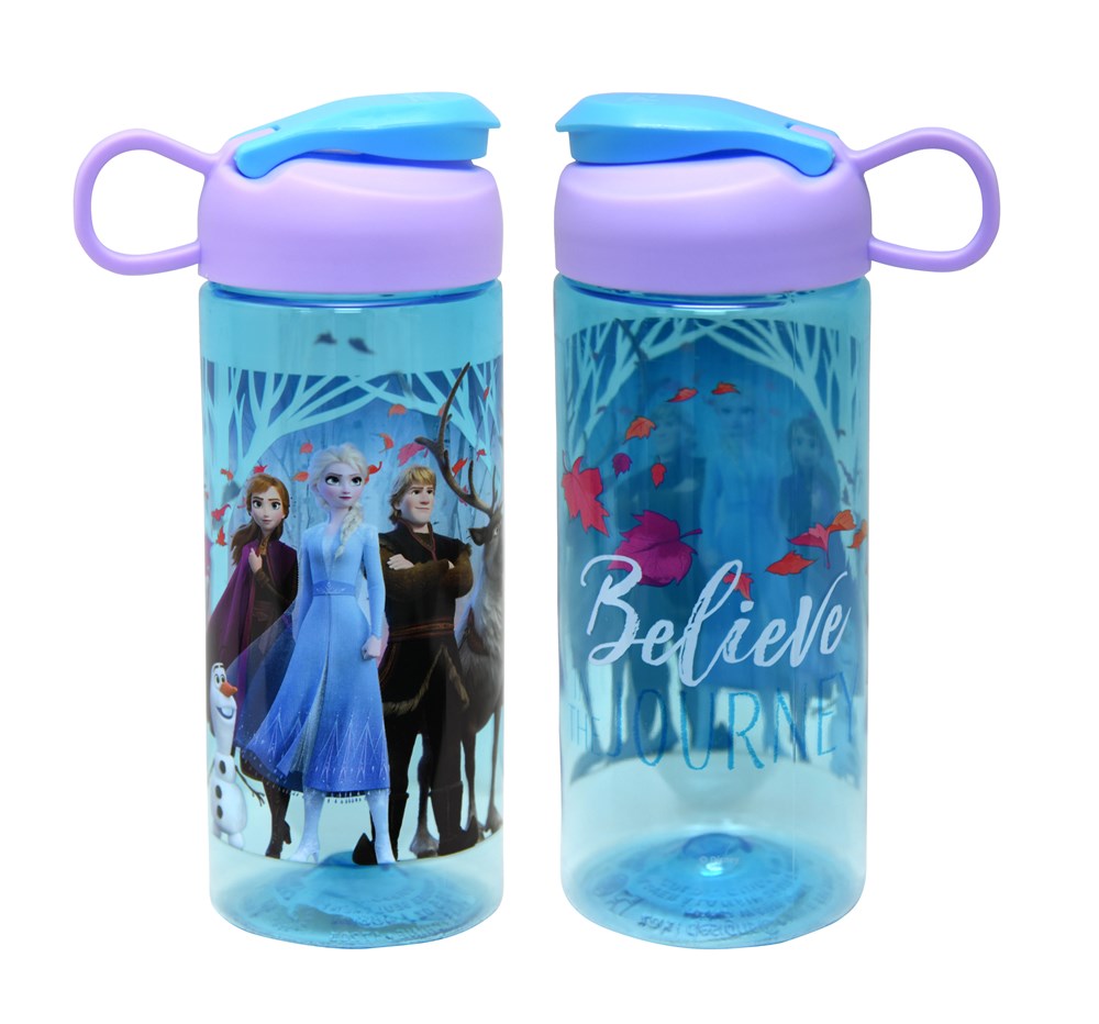 Blue translucent plastic water bottle with purple lid and handle, features Frozen 2 characters and "Believe" text.