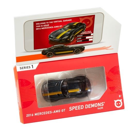 Black and yellow Hot Wheels ID Mercedes AMG GT toy car in red and white packaging labeled Speed Demons Series 1.