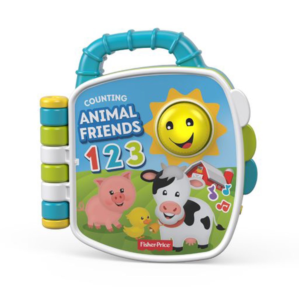 Colorful plastic baby book toy with blue handle, interactive animal illustrations, and counting beads on side.