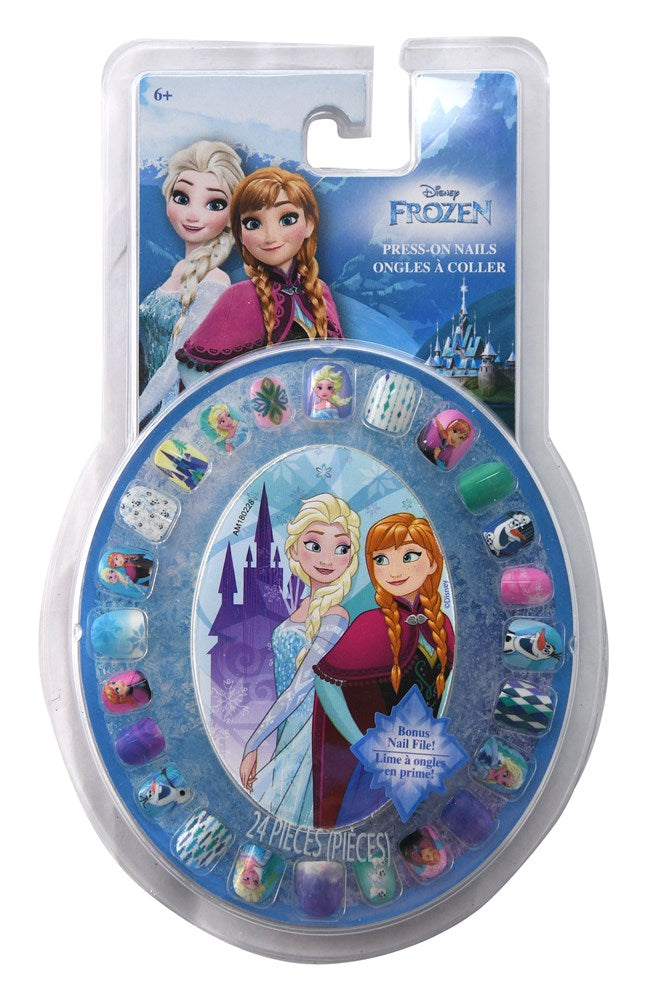 Round blue package of 24 Disney Frozen-themed press-on nails featuring characters Elsa and Anna with icy patterns and.