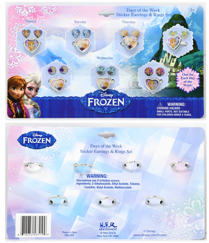 Disney Frozen-themed ring and earring set featuring colorful character designs, heart and snowflake shapes, and adjustable.