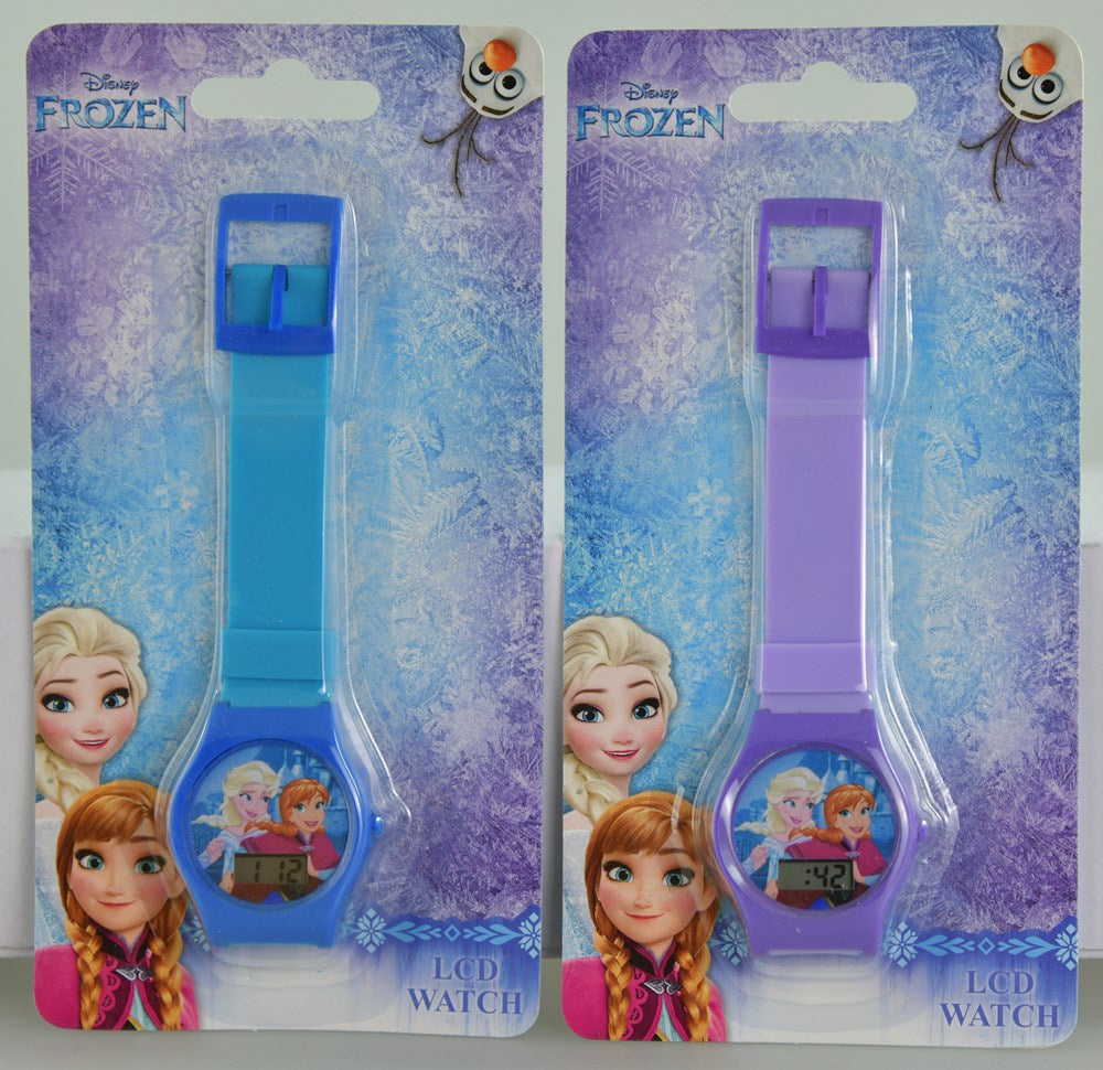 Set of two digital watches with plastic straps in blue and purple, featuring Frozen characters on round faces.