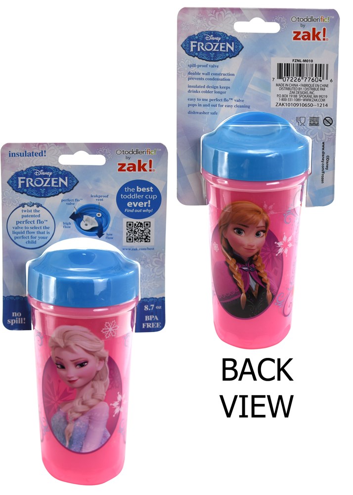 Pink plastic Disney Frozen sip cup with blue lid, featuring Anna and Elsa illustrations.