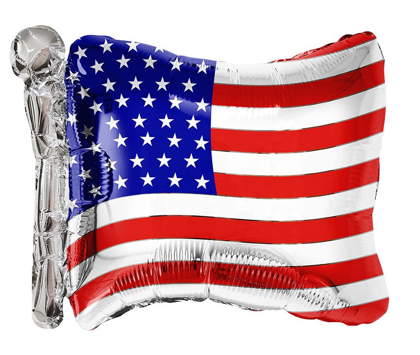 27-inch foil balloon shaped like a waving American flag with red, white, and blue colors and white stars on blue field.