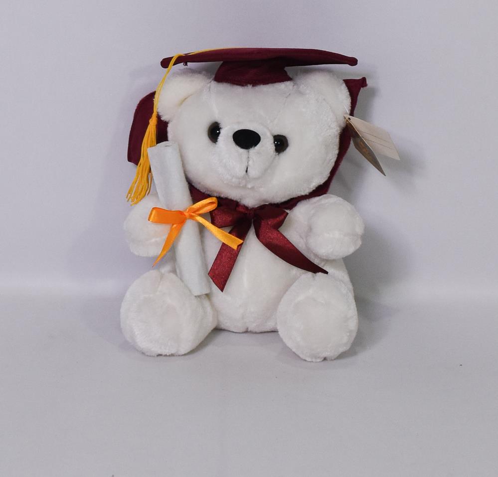 White plush bear wearing a red graduation cap and gown, holding a tied diploma with an orange ribbon.