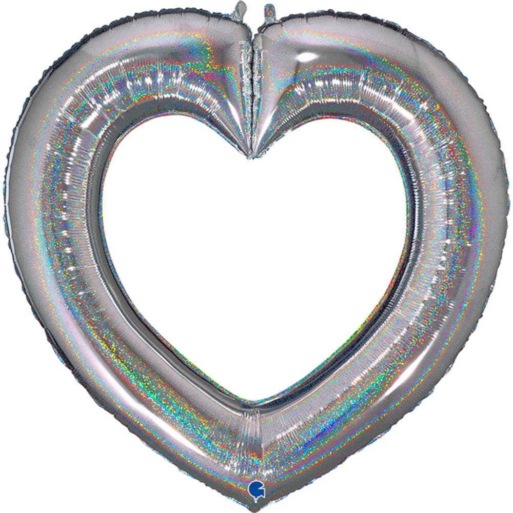 Silver foil heart-shaped balloon with glittery finish and hollow center, 41 inches tall.