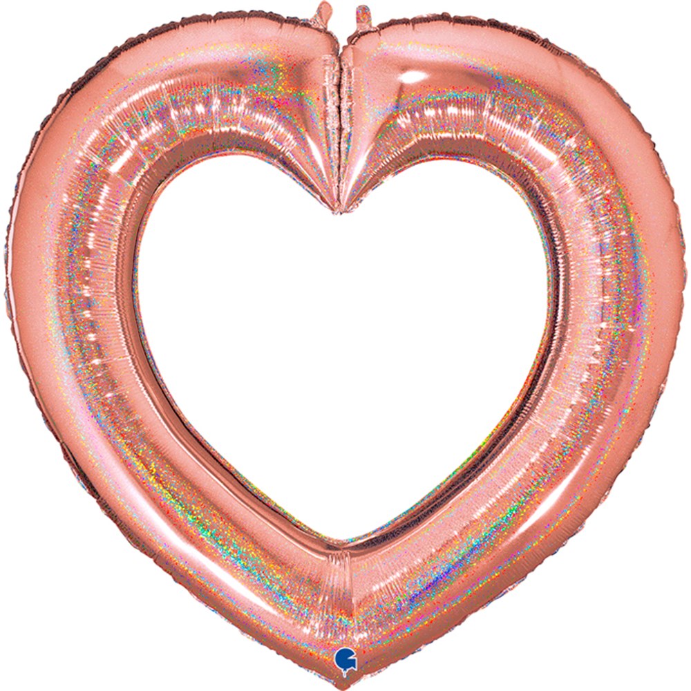 Rose gold foil balloon shaped like a hollow linked heart with glitter accents, 41 inches tall.