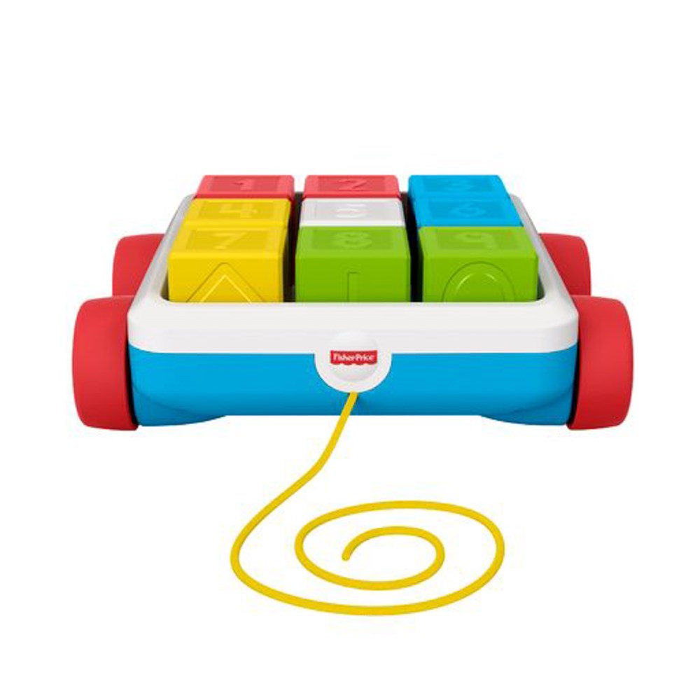 Colorful Fisher-Price pull-along toy with six activity blocks in red, yellow, green, blue, and white plastic base with red.