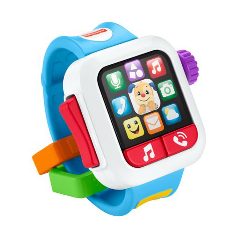 Blue toddler smartwatch with colorful interactive buttons and cartoon puppy face on screen.