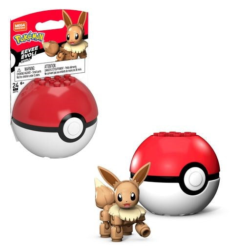 Red and white plastic Poké Ball toy with black horizontal band, featuring Eevee figure made of small building blocks with.