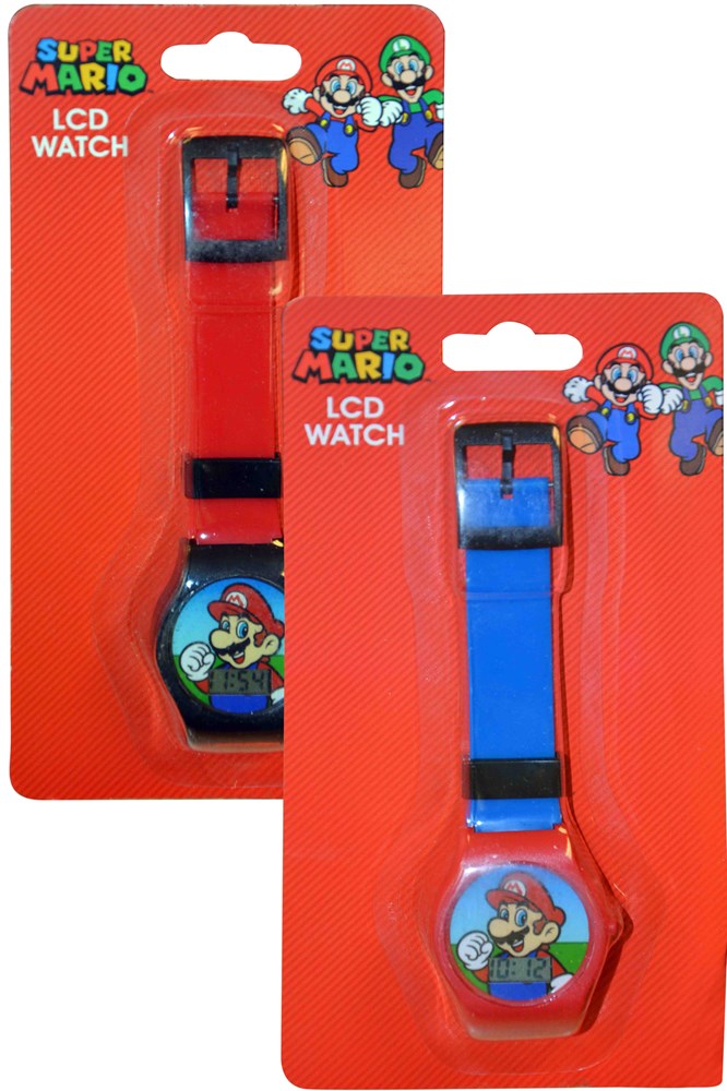 Two Super Mario LCD digital watches in red and blue with Mario character graphics on the faces and adjustable silicone.