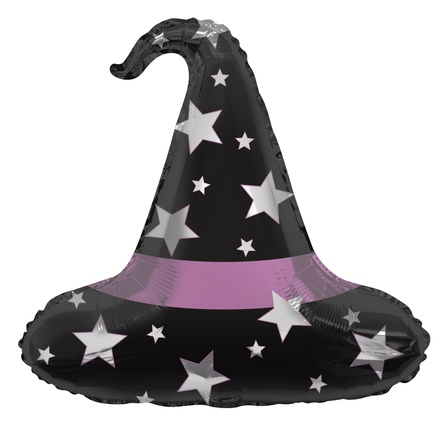 Black foil balloon shaped like a witch hat with silver stars and a purple band, 24 inches tall.