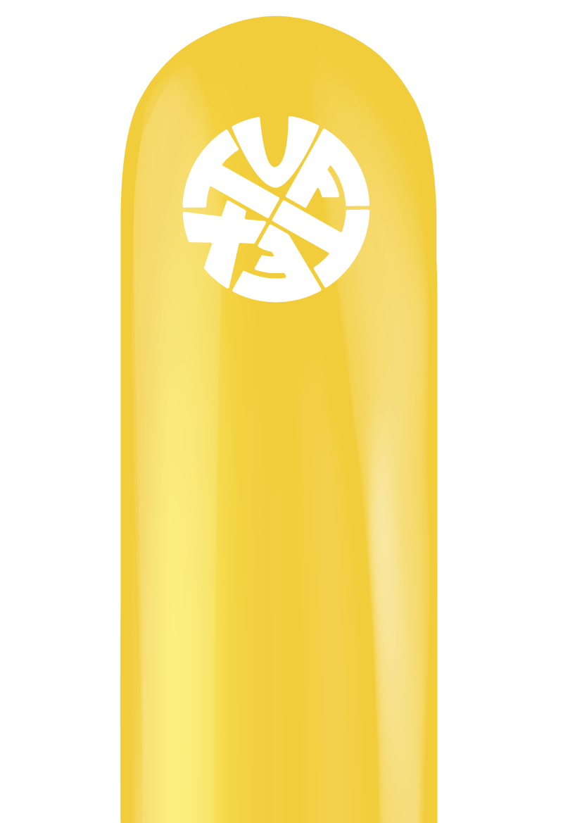 Single goldenrod yellow 260 latex balloon with white Tuftex logo printed near the neck.