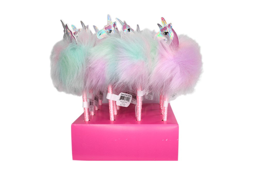 Set of 16 pastel pink unicorn pens topped with iridescent fluffy pom-poms and metallic unicorn horns displayed on a pink.