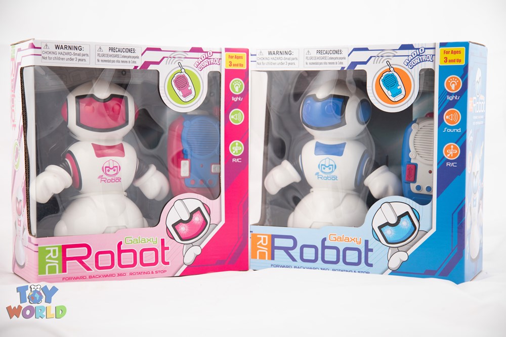 Two color-variant toy robots in packaging with remote controls, one white with pink accents, the other white with blue.