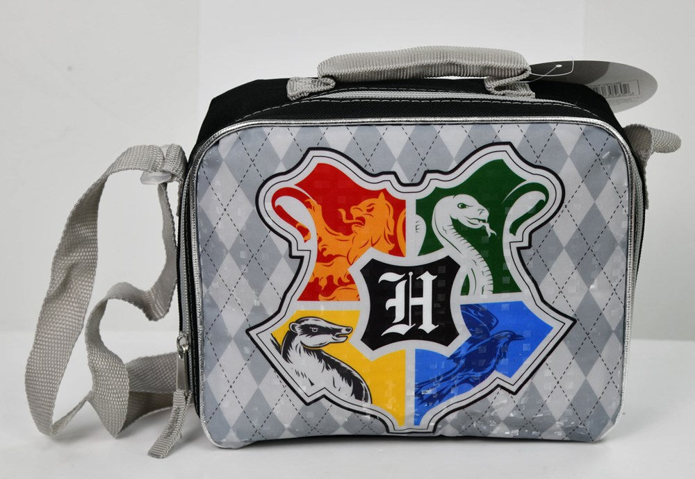 Gray rectangular lunch bag with quilted diamond pattern and Harry Potter Hogwarts crest featuring red, green, yellow, and.